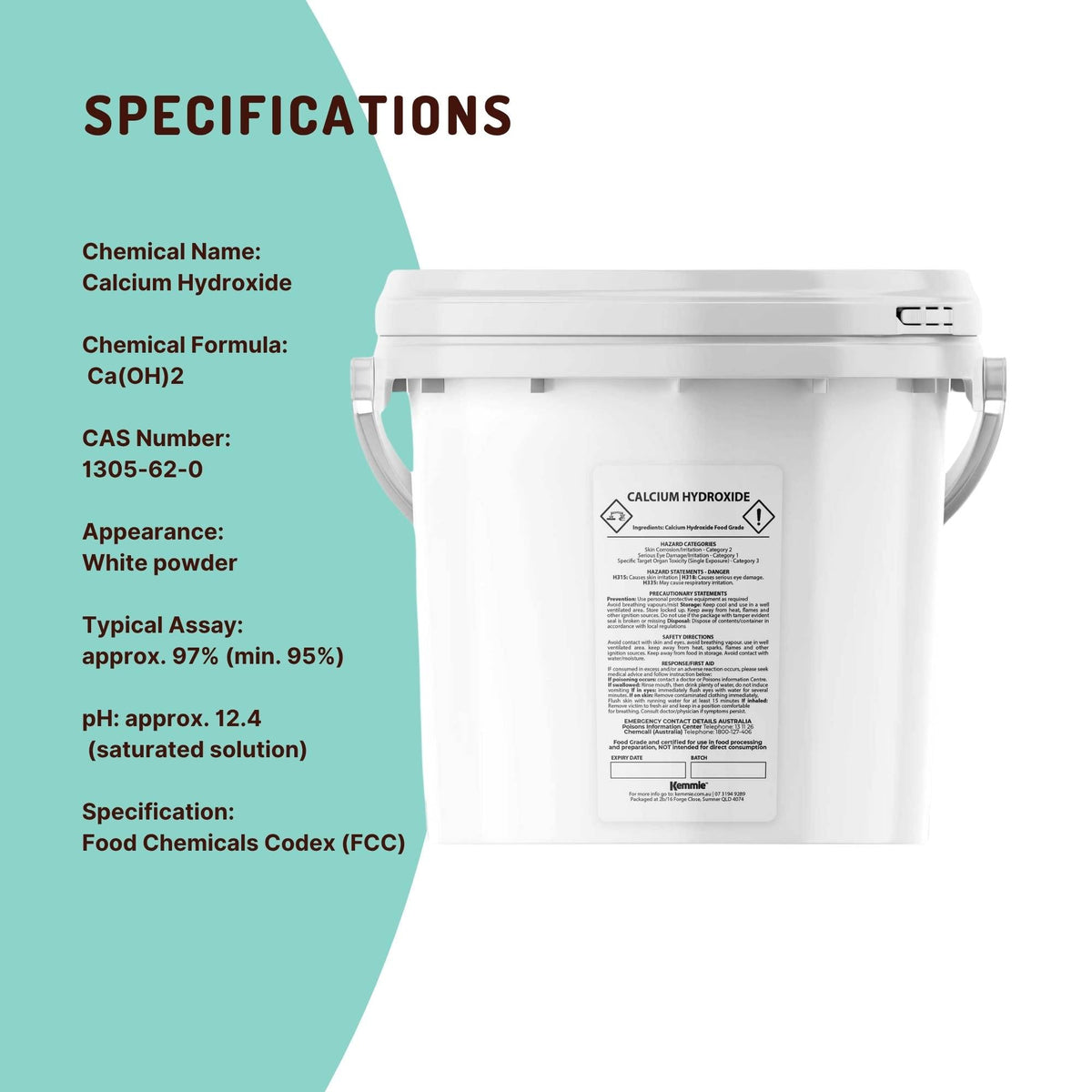 Kemmie Calcium Hydroxide Powder Food Grade FCC Pickling Lime Tubs