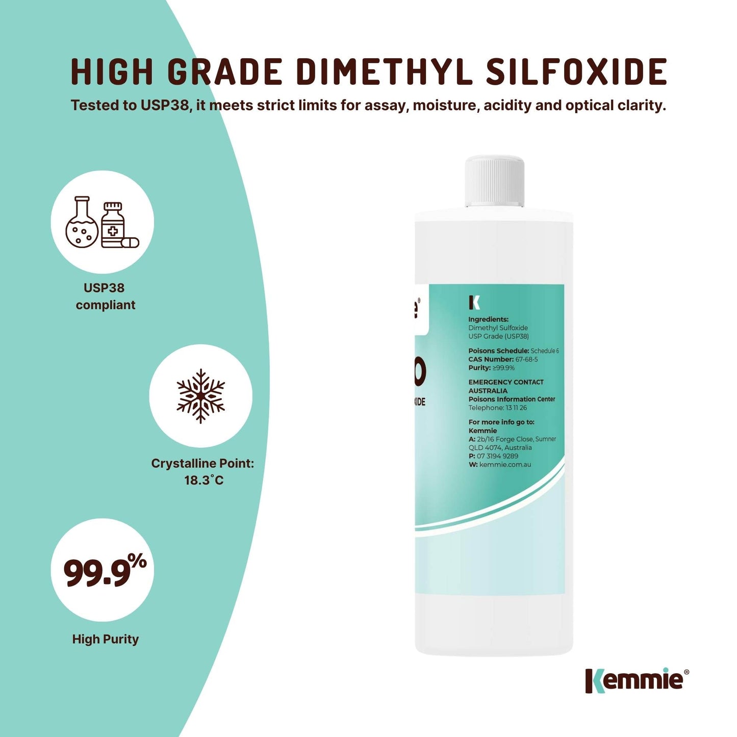 Kemmie DMSO Liquid 99.9% Pure - USP Grade Dimethyl Sulfoxide Solvent